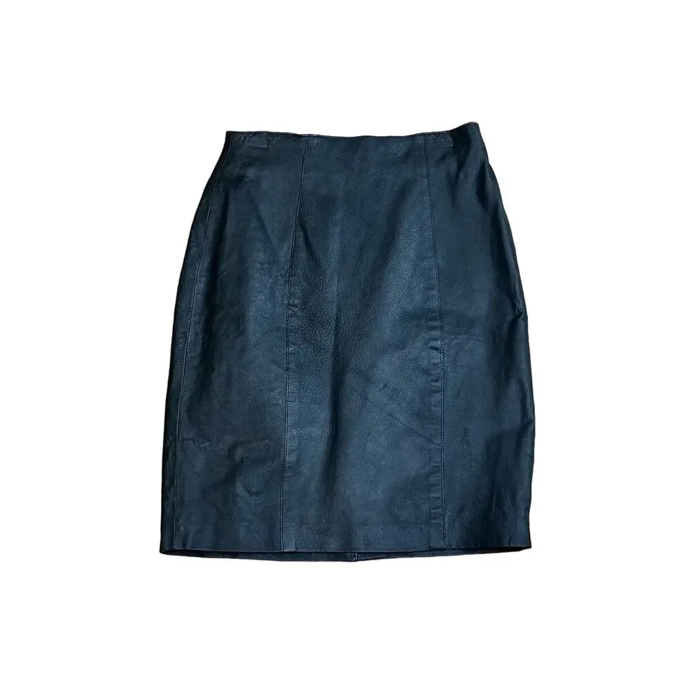 Vintage Black Leather Pencil Skirt 1980s 80s Rock Chic Office Siren Dark